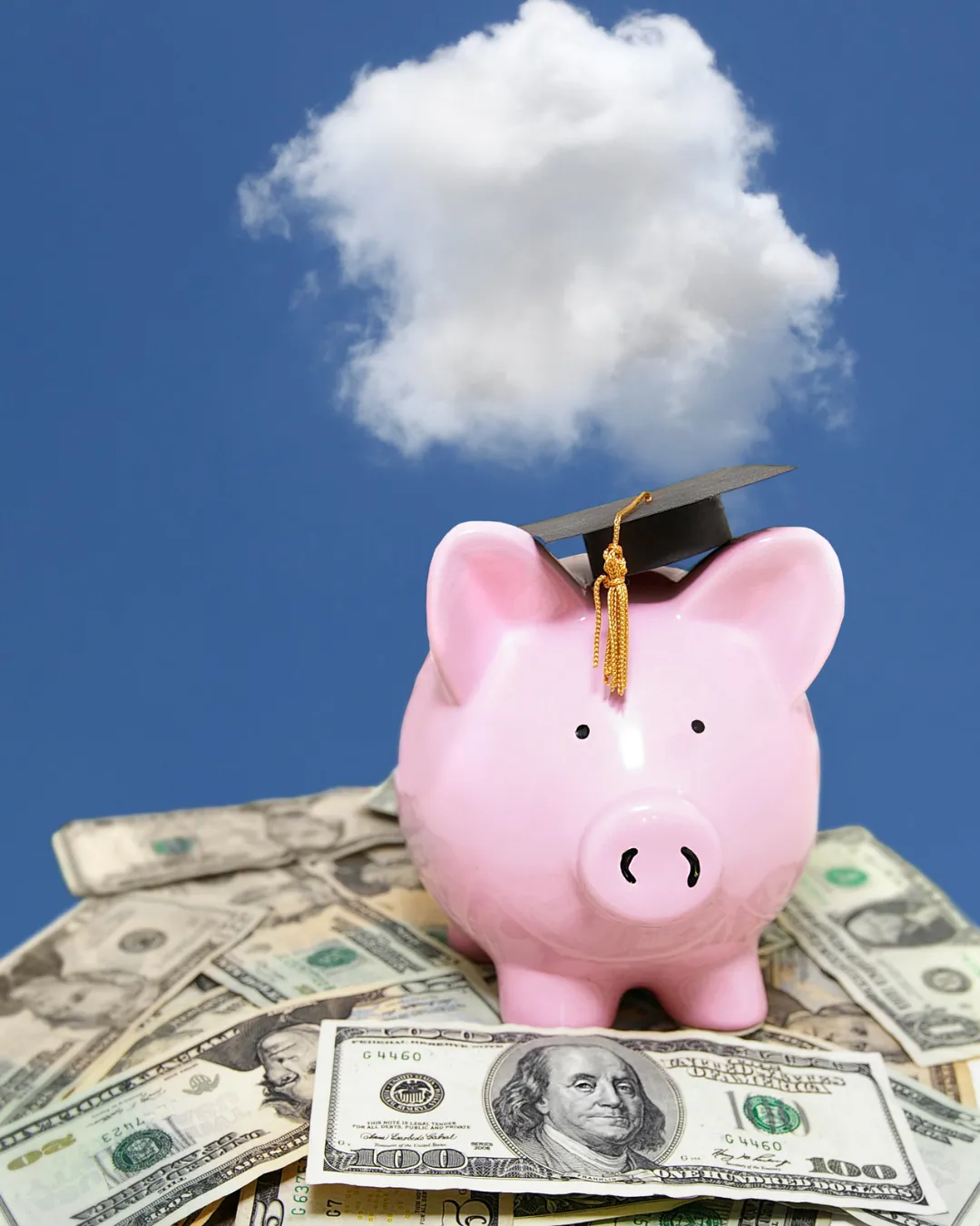 Tirelire rose coiffée d'un chapeau de diplômé, posée sur des billets de banque