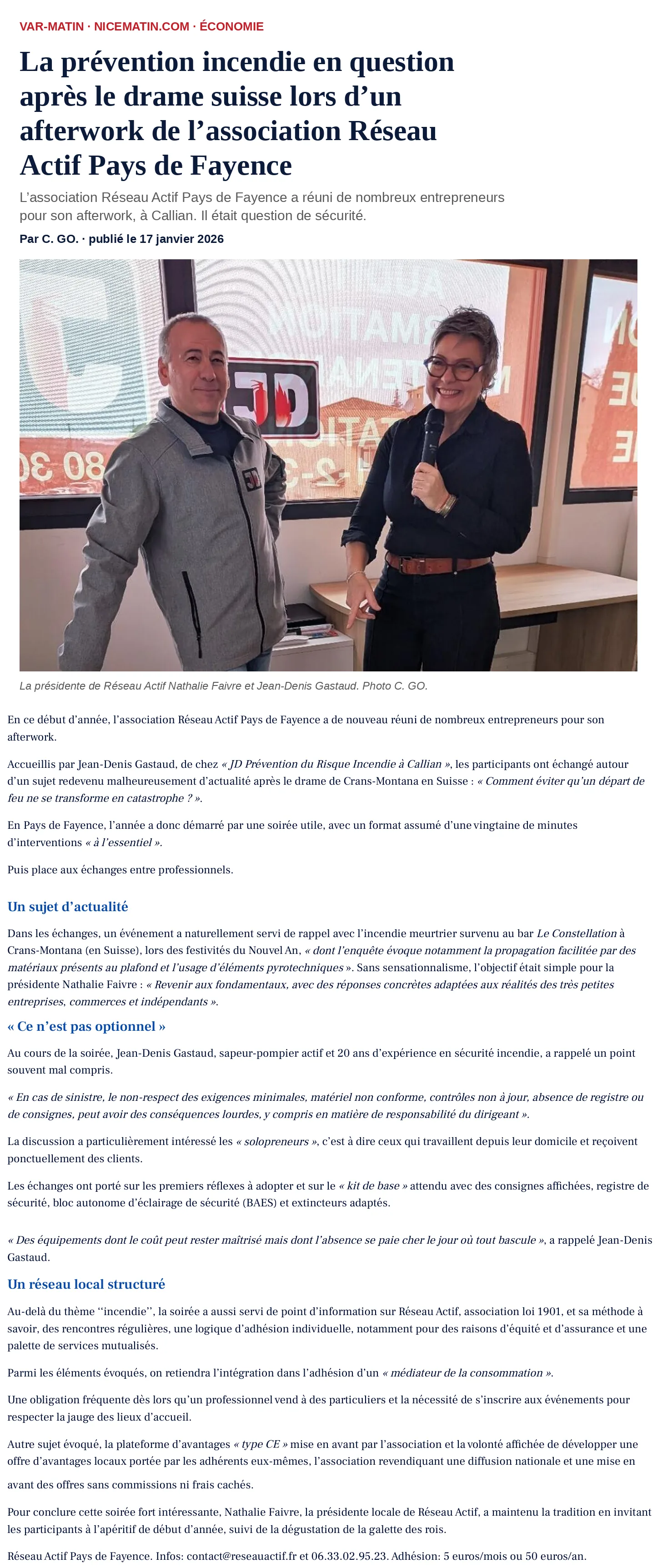 Article de Var-Matin, 17 janvier 2026 sur la soirée Réseau Actif