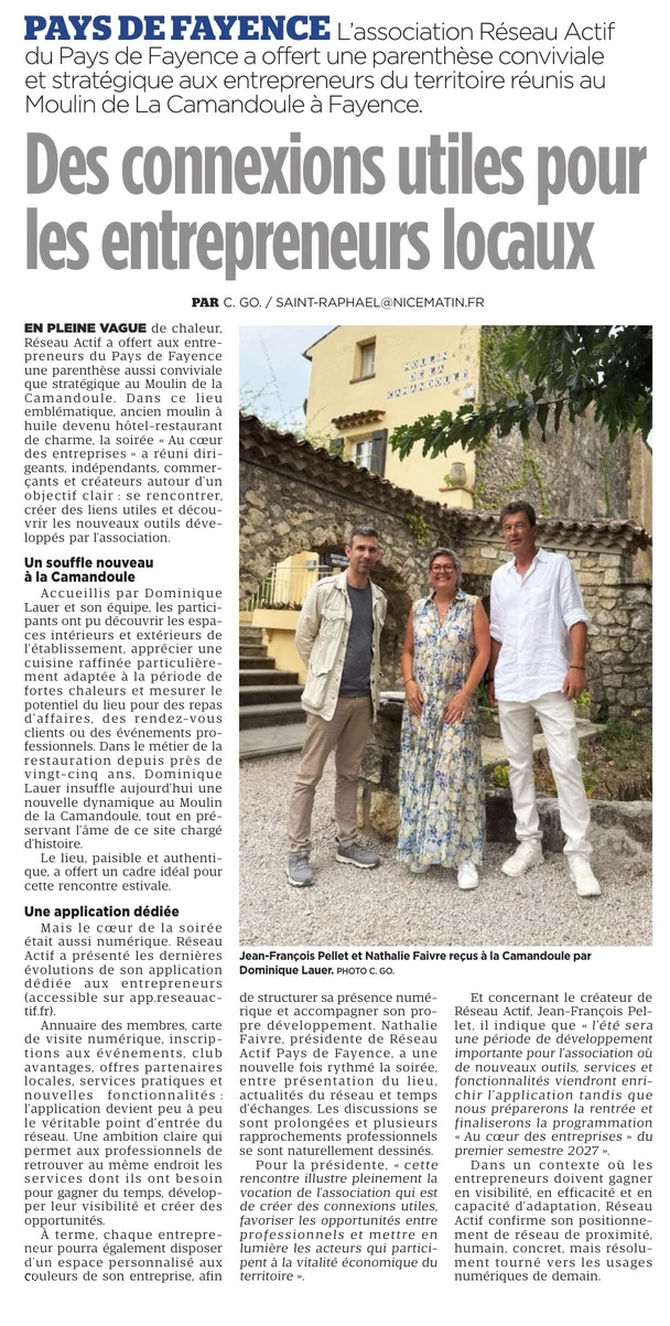Article de Var-Matin de juin 2026 : « Des connexions utiles pour les entrepreneurs locaux », soirée Réseau Actif au Moulin de la Camandoule à Fayence